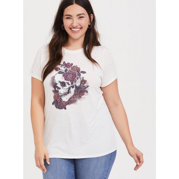 Torrid Womens 4X Ivory Short Sleeves Rose Skull Vintage Crew Neck Tee Shirt - Picture 1 of 8